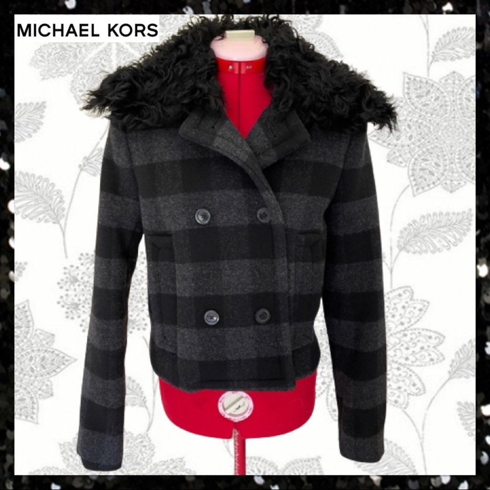 Michael Kors Gray and Black Plaid Wool Jacket with Detachable Fur Collar S